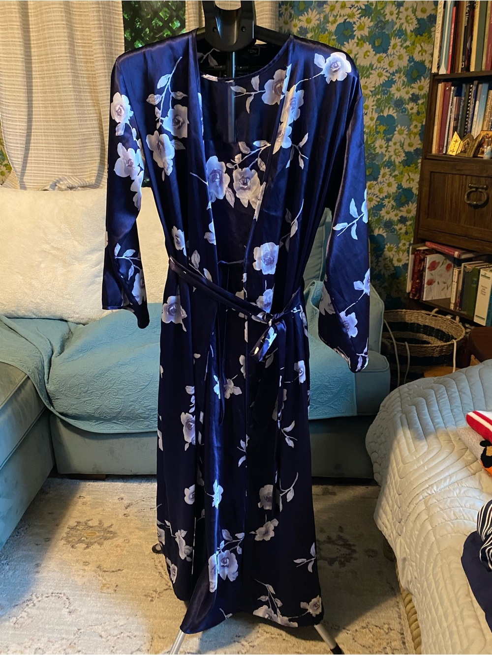 Halston Heritage Navy Floral night gown satin robe sets.
